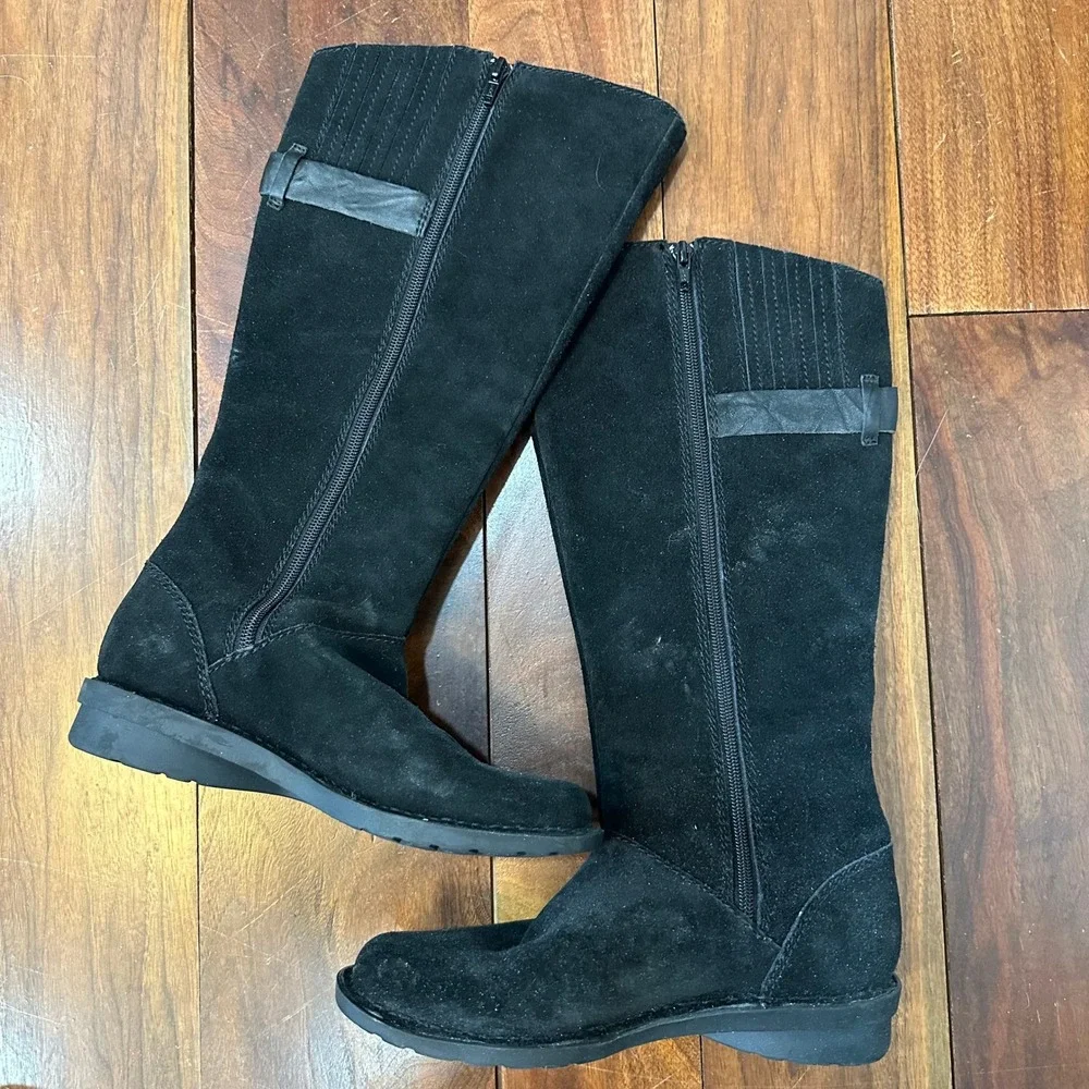 Clarks Womens Boots Knee High 7 Black Leather Riding Buckle Suede Wedge Comfort